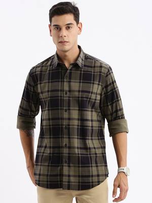 men's long sleeves tartan checks slim fit navy blue shirt 2