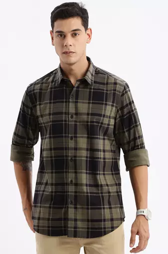 men's long sleeves tartan checks slim fit navy blue shirt