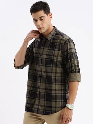 men's long sleeves tartan checks slim fit navy blue shirt 3