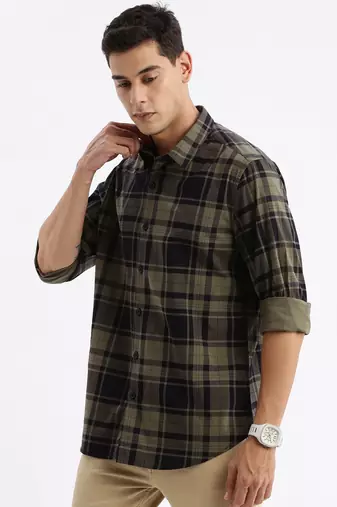 men's long sleeves tartan checks slim fit navy blue shirt