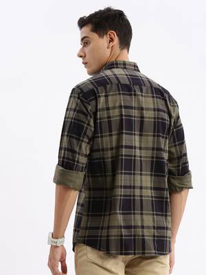 men's long sleeves tartan checks slim fit navy blue shirt 4