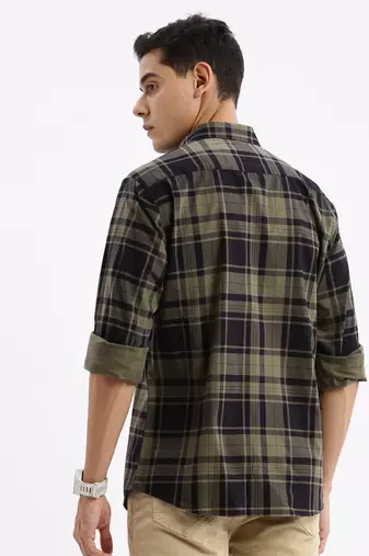 men's long sleeves tartan checks slim fit navy blue shirt