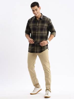 men's long sleeves tartan checks slim fit navy blue shirt 5