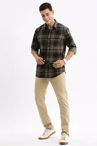 men's long sleeves tartan checks slim fit navy blue shirt