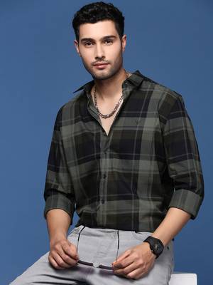 men's checked slim fit green shirt 1