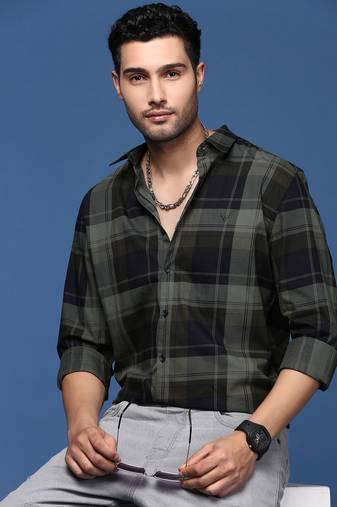 men's checked slim fit green shirt