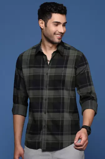 men's checked slim fit green shirt
