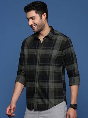 men's checked slim fit green shirt 3