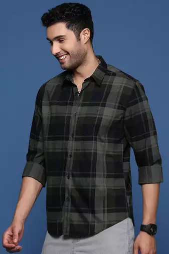 men's checked slim fit green shirt