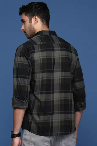 men's checked slim fit green shirt