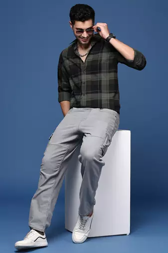 men's checked slim fit green shirt