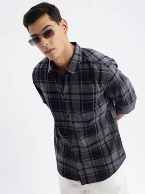 men's long sleeves tartan checks slim fit navy blue shirt 1