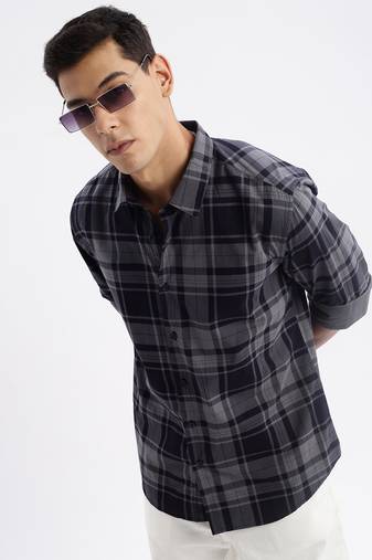 men's long sleeves tartan checks slim fit navy blue shirt