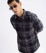 men's long sleeves tartan checks slim fit navy blue shirt