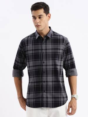 men's long sleeves tartan checks slim fit navy blue shirt 2