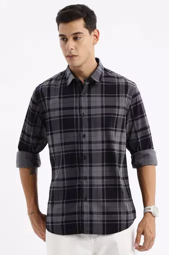 men's long sleeves tartan checks slim fit navy blue shirt