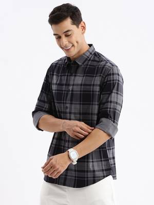 men's long sleeves tartan checks slim fit navy blue shirt 3