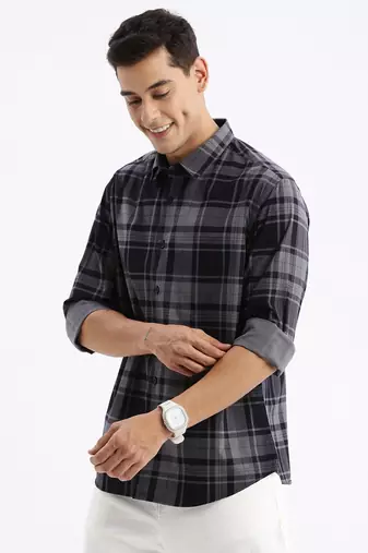 men's long sleeves tartan checks slim fit navy blue shirt