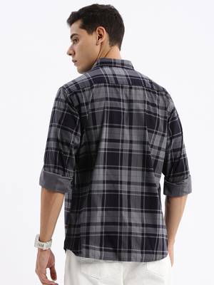 men's long sleeves tartan checks slim fit navy blue shirt 4