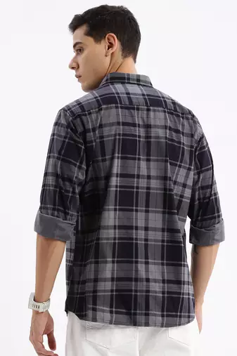 men's long sleeves tartan checks slim fit navy blue shirt