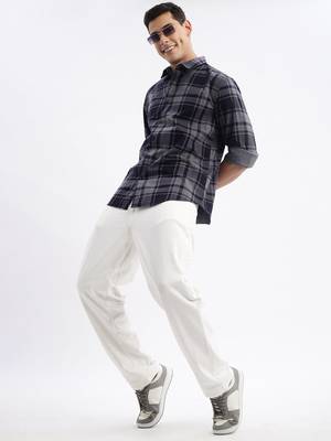 men's long sleeves tartan checks slim fit navy blue shirt 5