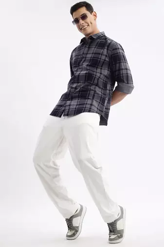 men's long sleeves tartan checks slim fit navy blue shirt