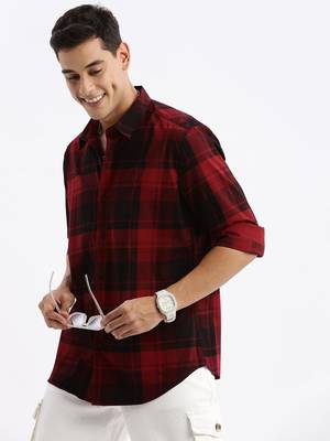 men's long sleeves tartan checks slim fit maroon shirt 1