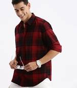 men's long sleeves tartan checks slim fit maroon shirt