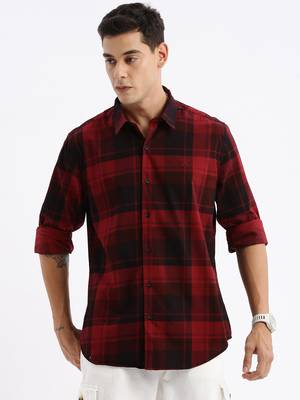 men's long sleeves tartan checks slim fit maroon shirt 2