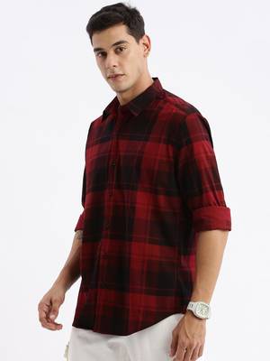 men's long sleeves tartan checks slim fit maroon shirt 3