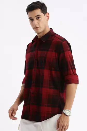 men's long sleeves tartan checks slim fit maroon shirt