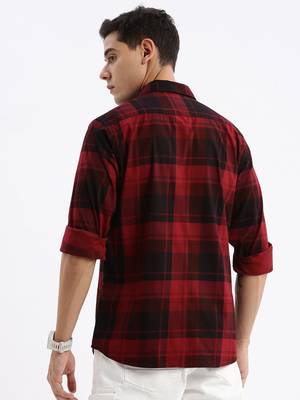 men's long sleeves tartan checks slim fit maroon shirt 4