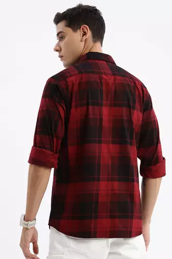 men's long sleeves tartan checks slim fit maroon shirt