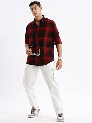 men's long sleeves tartan checks slim fit maroon shirt 5