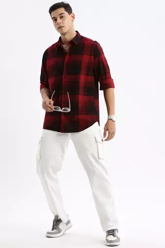 men's long sleeves tartan checks slim fit maroon shirt