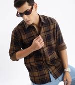 men's long sleeves tartan checks slim fit brown shirt