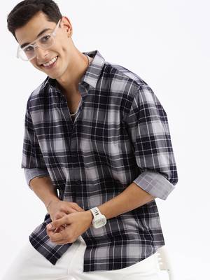 men's long sleeves tartan checks slim fit navy blue shirt 1
