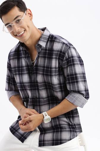 men's long sleeves tartan checks slim fit navy blue shirt