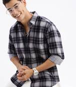 men's long sleeves tartan checks slim fit navy blue shirt