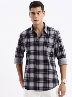 men's long sleeves tartan checks slim fit navy blue shirt 2
