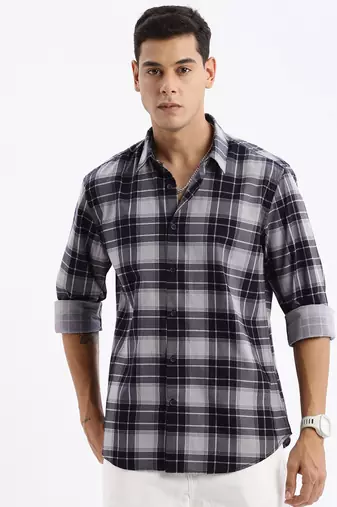 men's long sleeves tartan checks slim fit navy blue shirt