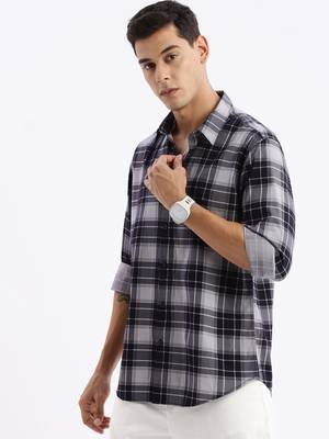 men's long sleeves tartan checks slim fit navy blue shirt 3