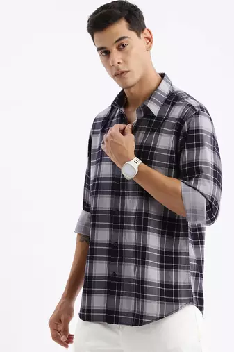 men's long sleeves tartan checks slim fit navy blue shirt