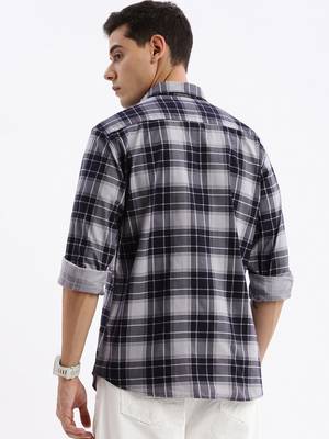 men's long sleeves tartan checks slim fit navy blue shirt 4
