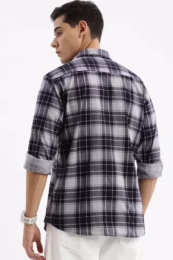 men's long sleeves tartan checks slim fit navy blue shirt