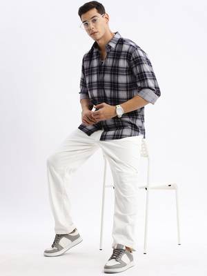 men's long sleeves tartan checks slim fit navy blue shirt 5