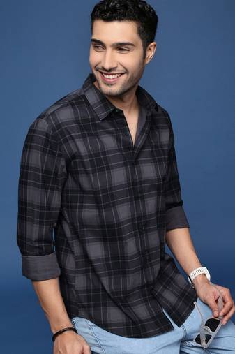 men's checked slim fit grey shirt