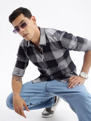 men's long sleeves tartan checks slim fit grey shirt 1