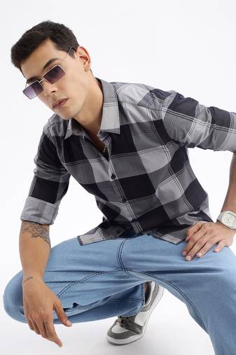 men's long sleeves tartan checks slim fit grey shirt