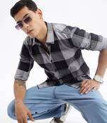 men's long sleeves tartan checks slim fit grey shirt